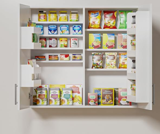 Large 35-inch wall cabinet featuring p2 board and soft close hinges, ideal for storing baby food and snacks.