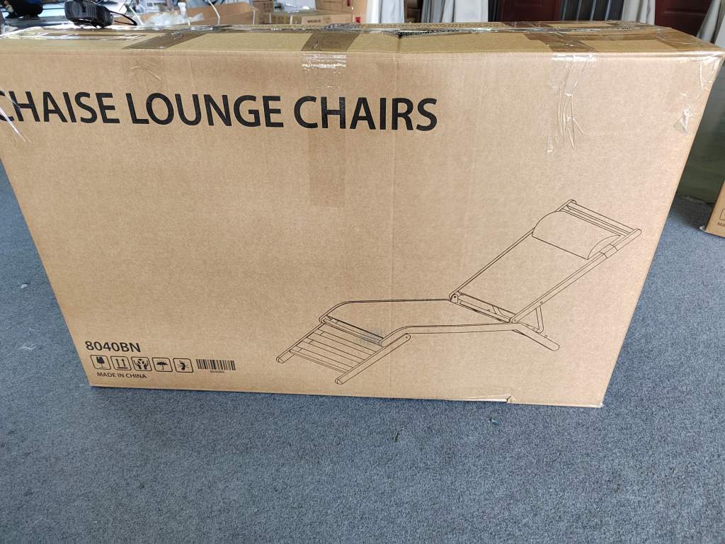 Lounge chairs 2-pack in cardboard box, featuring chaise lounge chairs label, ready for wholesale or custom logo customization...