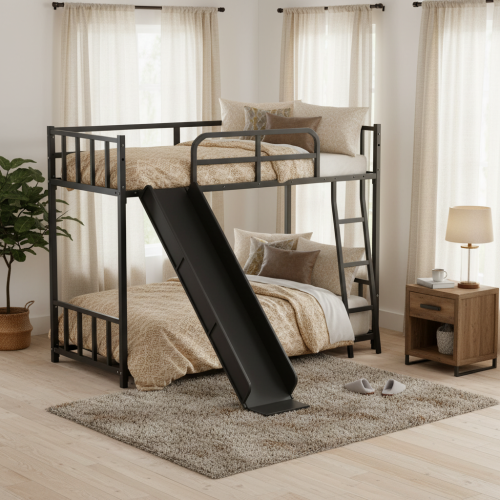 A bunk bed with a slide, featuring two levels of bedding and a sturdy metal frame, set in a cozy room with soft lighting and ...
