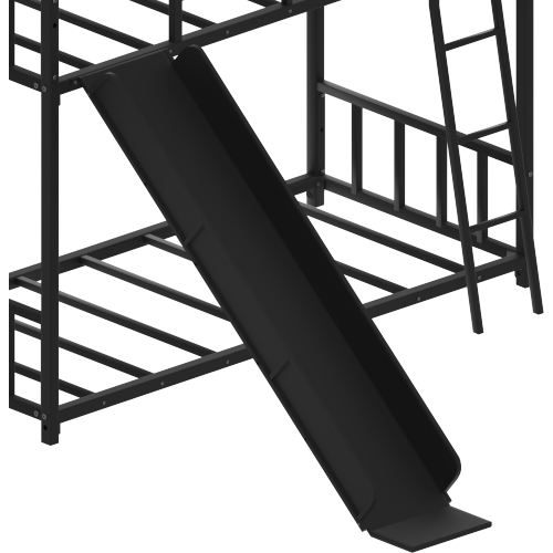 Black bunk bed with slide feature, durable design for versatile use. ideal for dorm rooms or home storage solutions.