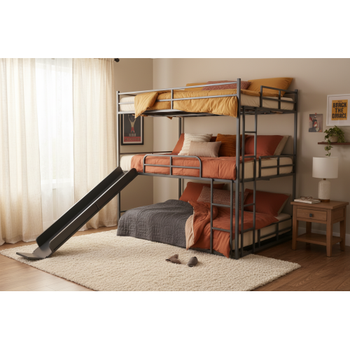 A bunk bed with a slide, featuring three levels of bedding and sturdy metal frame, perfect for adding fun and durability to a...
