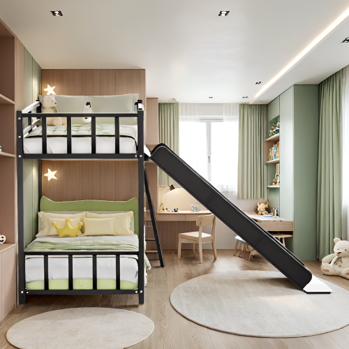 A cozy kids room featuring a bunk bed with a slide, soft bedding, and a study desk area, perfect for play and learning.