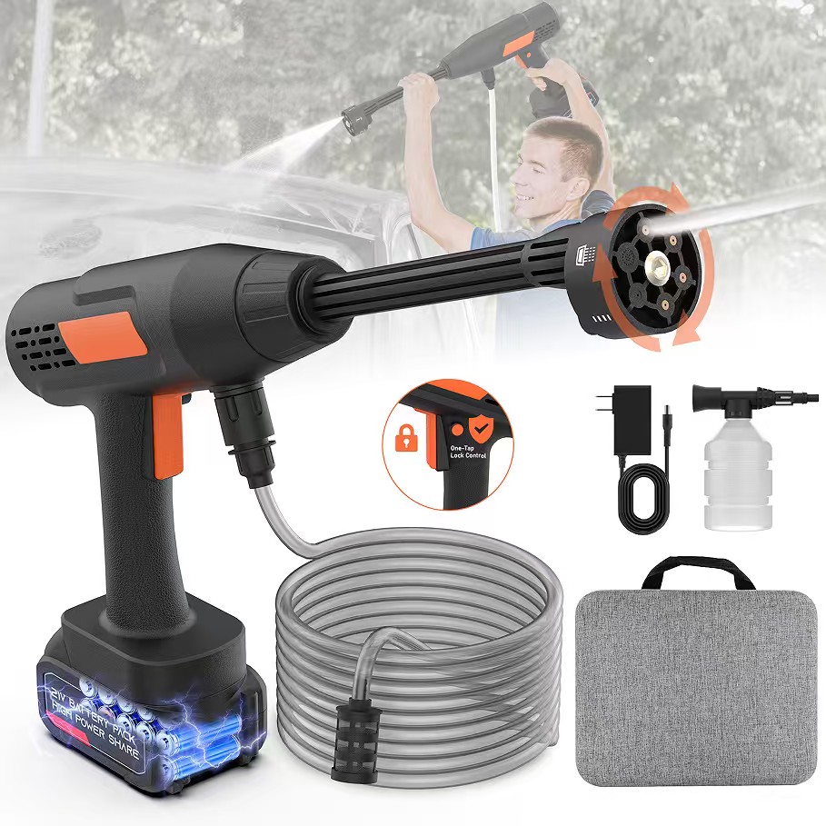 Portable high-pressure washer with one-touch boost control, ideal for car detailing and cleaning tasks. includes power washer...