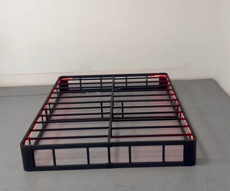 Iron bed frame tx75050 with red led lighting, durable design for reliable support.