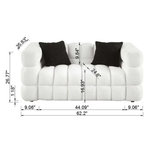 Premium white cushioned sofa set with black pillows, 24.8 width, 9.06 depth, 62.2 length, 44.09 height, 16.93 armrests, 9.84 ...