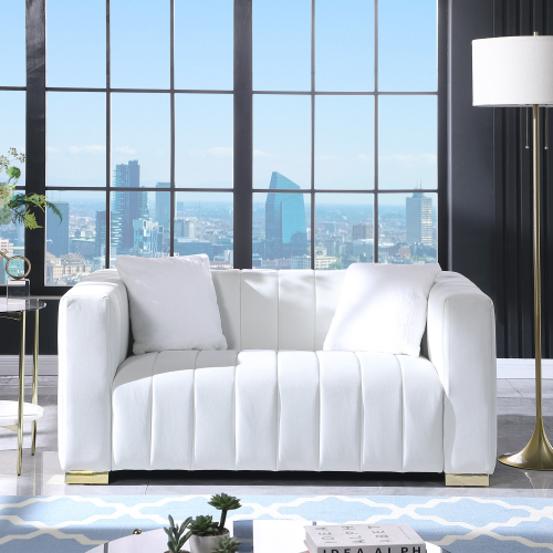 Premium white sofa set with modern design, featuring plush cushions and gold legs, perfect for urban living spaces.